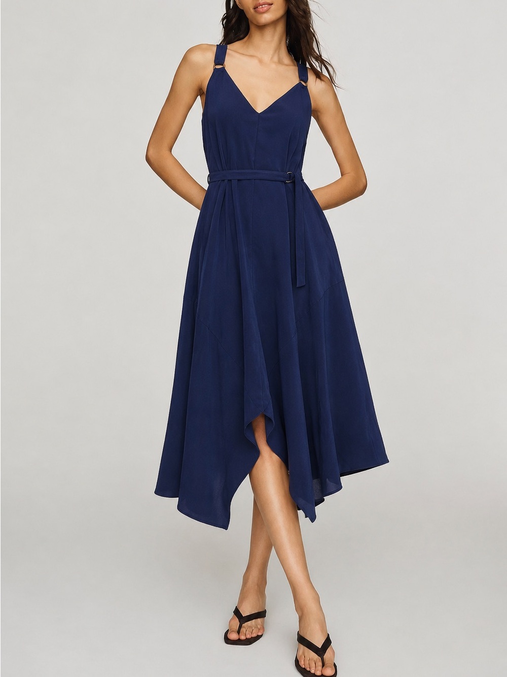 The Fifth Label Navy Blue Silky Asymmetrical Hem Midi Dress Size XS